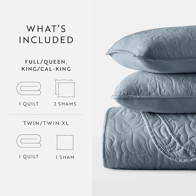 Merit Linens Modern Quilt Coverlet Soft Set in Floral Stitching - Full/Queen Dusk Blue