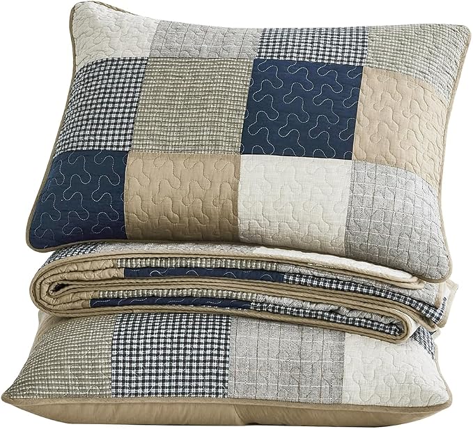 Chezmoi Collection Samuel 3-Piece Navy Blue White Gray Taupe Plaid Square Patchwork Quilt Set - Pre-Washed Cotton Quilted Coverlet - Lightweight Reversible Bedspread for All Seasons, Queen Size