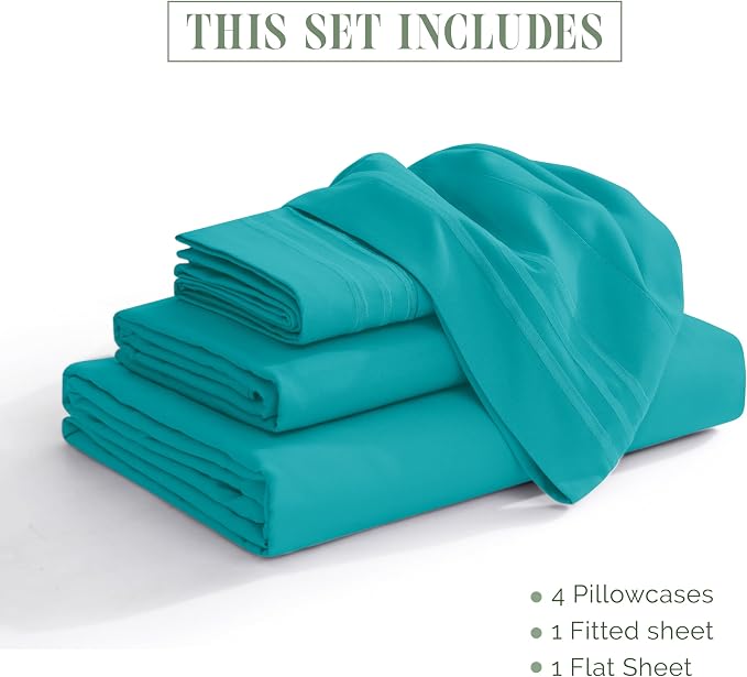 Elegant Comfort Luxurious 1500 Premium Hotel Quality Microfiber 4-Piece Sheet Set, 18-24 Inches Deep - Extra Deep Pocket Sheets - Ultra Soft 4PC Deep Pocket Sheets, Queen, Turquoise