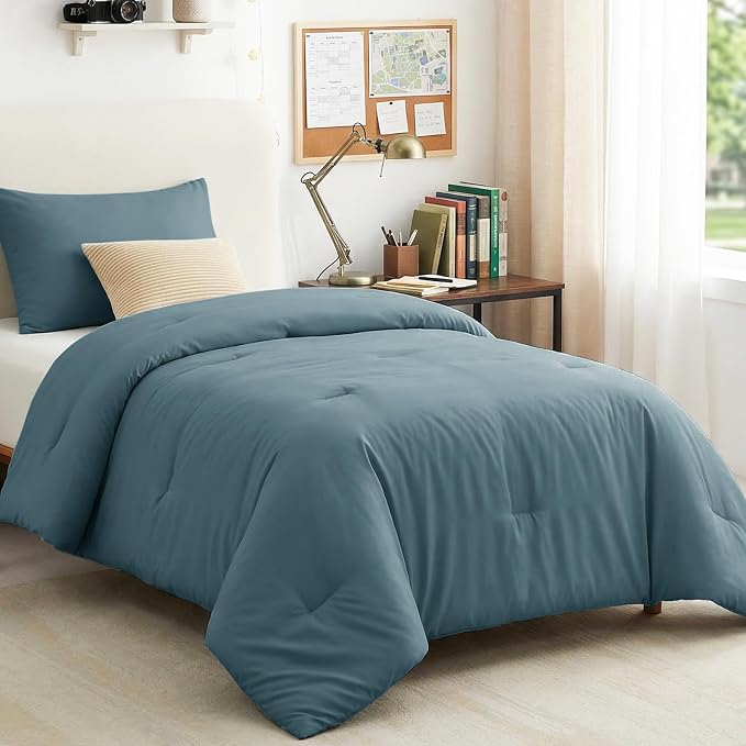 Twin Comforter Set, 2 Pieces Down Alternative Bedding, Mineral Blue | 270 GSM Twin XL College Dorm Comforter with 4 Corner Ties Use as a Duvet Insert, OEKO-TEX Certified, 1 Pillowcase, 68 x 88 in
