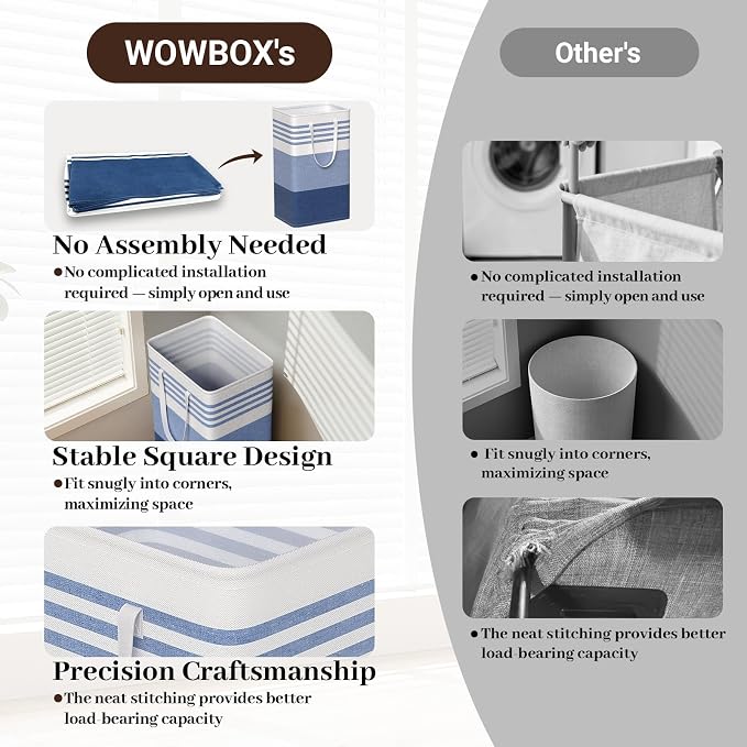 WOWBOX 2 Pack Laundry Baskets, Collapsible Dirty Clothes Laundry Hampers | with Reinforced Handles, Waterproof Coating, 2 Pack for Clean & Dirty Clothes, for Bedroom, Bathroom, Dorm (88L Blue)