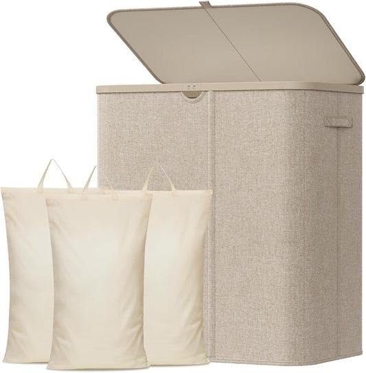 Lifewit 165L 3 Section Laundry Hamper with Lid, Laundry Basket, Beige | Large Foldable Laundry Sorter with 3 Removable Bags, Tall Clothes Hamper for Bedroom and Bathroom