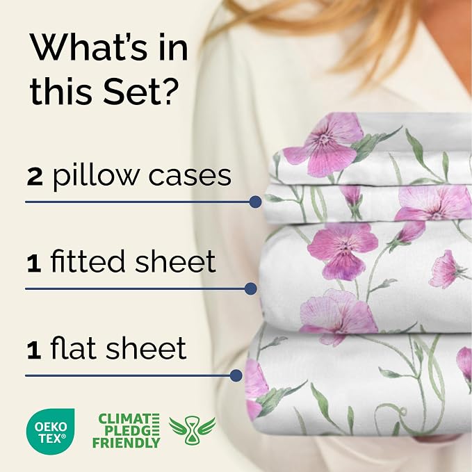 Full 4 Piece Floral Sheet Set - Soft, Breathable & Cooling - Pretty Pink | 1 Flat, 1 Fitted & 2 Pillowcases w/ Deep Pockets, Boho Botanical Floral Bedding, Breathable & Cooling, Wrinkle & Fade Free