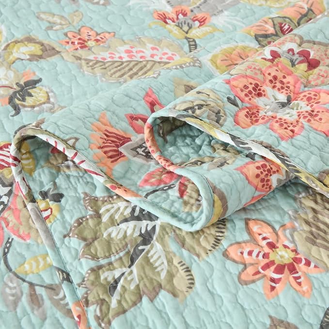 Wistown Cotton Bedspread Bedding Coverlet Quilt Sets, Reversible Vintage Branch Floral Bedspread comforters, (Vintage Floral Blue Pattern, Queen Size)