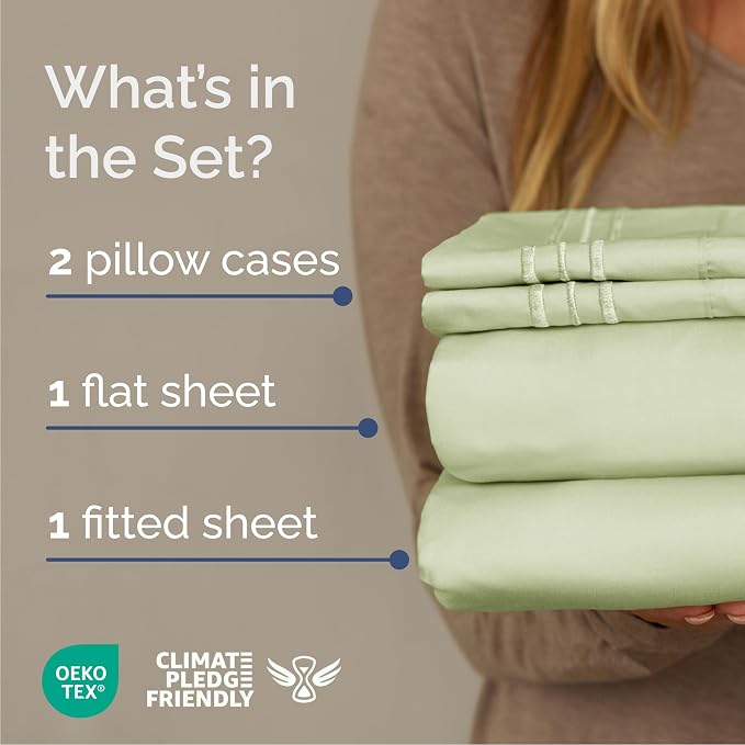 Queen Size 4 Piece Sheet Set - Breathable & Cooling - Light Sage Green | Hotel Luxury Bed Sheets for Women & Men, Deep Pockets, Easy-Fit, Extra Soft and Wrinkle Free Sheets, Oeko-Tex Bed Sheet Set