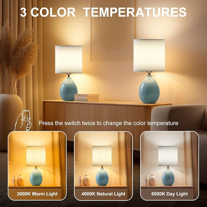 18.5" Ceramic Table Lamps Set of 2 for Living Room Bedroom, Blue | Bedside Lamps for Bedroom Nightstand, Ice Crackle Home Bedroom Living Room Decor, Linen Fabric Shade, 3-Color Temperature