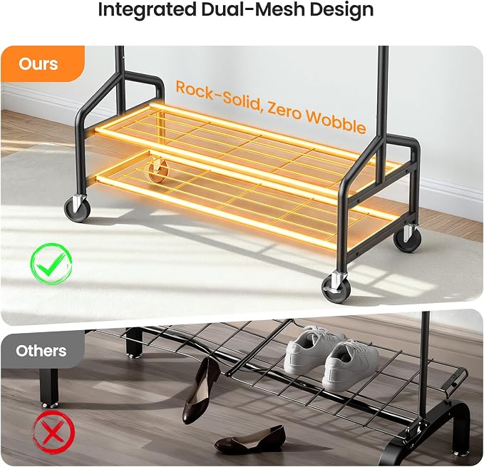 Heavy Duty Clothes Rack, Rolling Clothing Rack Load 650 LBS for Hanging Clothes with 2 Sturdy Shelves, Metal Garment Rack with Wheels for Bedroom, Laundry Room, Retail Store, Silver-Black
