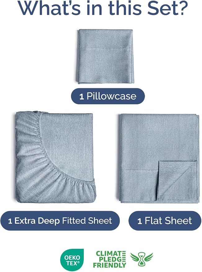 Extra Deep Twin Sheet Set - 3 Piece Breathable & Cooling - Heathered Blue | Easily Fits 18 to 24 inch Mattress - Ultra Soft, Wrinkle & Fade Free with Extra Deep Pockets - Comfy Hotel Luxury Bedding