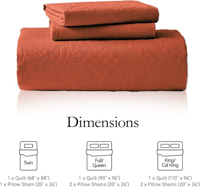 FLYMME Full Queen Quilt Bedding Set,Lightweight Burnt Orange Bedspreads,Vintage Olive Leaf Design,Ultra Soft Microfiber Bed Coverlet 3 Pieces for All-Season (1 Quilt,2 Shams)