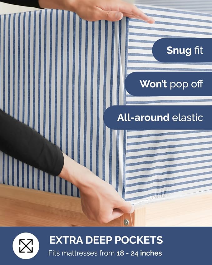 2 Pack Extra Deep Twin Fitted Sheets with Extra Deep Pockets - Blue Stripes | Hotel Luxury Bottom Fitted Sheets Only, Soft, Fade & Wrinkle Free, Breathable & Comfy, All Around Elastic Fitted Sheets