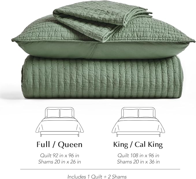 Cross Stitch Pre-Washed Cotton Quilt Bedding Set King Size, Oversized 3 Pieces Lightweight Bedspread Coverlet for All Season, with 2 Matching Shams, Olive Green,108"x96"