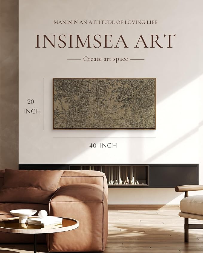 InSimSea Extra Large Framed Vintage Wall Art, Rustic Forest Sketch, 20x40In | Living Room Country Farmhouse Decor, Landscape Canvas Prints, Retro Trees Long Picture for Bedroom Above of Bed