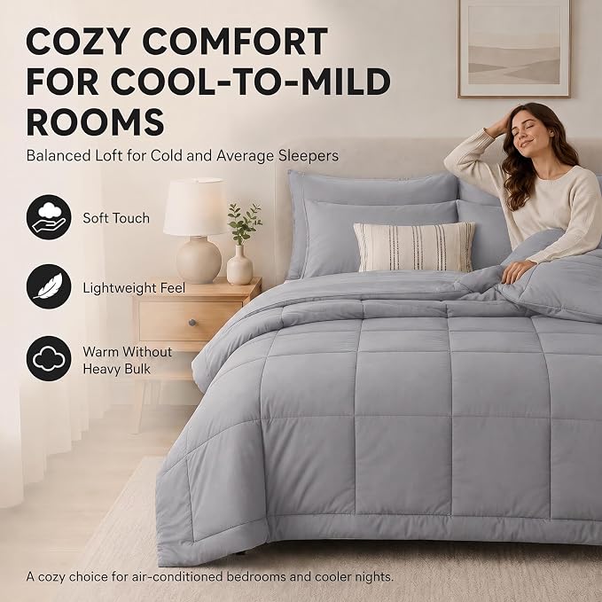 King Size Comforter Set Grey - 7 Pieces Bed in a Bag | OEKO-TEX Certified, All-Season, Bedroom, Guest Room, Down-Alternative Comforter + Flat & Fitted Sheets + 4 Pillowcases
