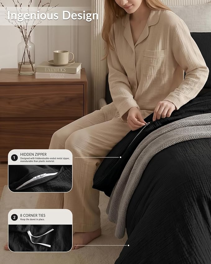 SE SOFTEXLY Muslin Duvet Cover King Size, 100% Washed Cotton Duvet Cover Set, Ultra Soft Comforter Cover Linen Like, 3 Pieces Minimalist Gauze Duvet Cover with 2 Pillowcases, 90"x104", Black