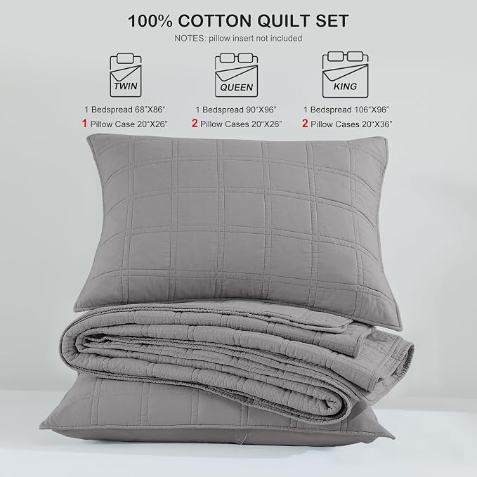 HORIMOTE HOME 100% Cotton Quilt Set Queen Size, Grey Pre-Washed Bedspreads Coverlet Set in Geometric Pattern, Cozy Lightweight Stitching Decorative Bedding Cover with 2 Shams for All Season