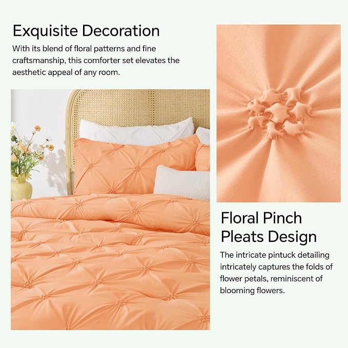 BEDELITE Queen Comforter Set Apricot,Lightweight & Soft Comforter | Pintuck Boho Bedding, Warm & Cute Bed Set for All Season,With 2 Pillowcases