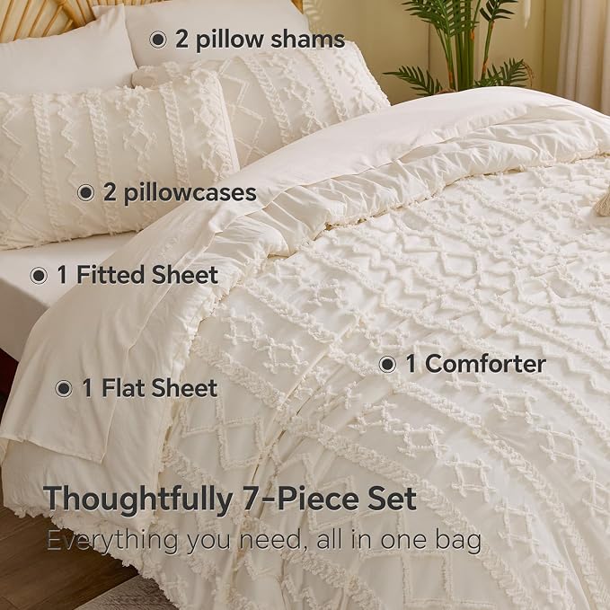 BEDELITE Queen Comforter Set 7 Pieces,Boho Bed in a Bag,Cream White | Tufted Bed Set for All Seasons,Soft Farmhouse-Style Embroidery Bedding,Includes Flat & Fitted Sheets,2 Pillowcases & 2 Shams