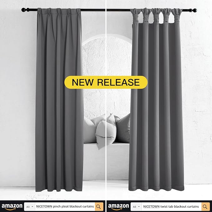 NICETOWN Grey Blackout Curtains for Bedroom 34" Wide x 63" Long 2 Panels | Thermal Insulated Grommet Top Draperies Drapes for Window Treatments, Light Blocking Noise Reducing Room Darkening Decor