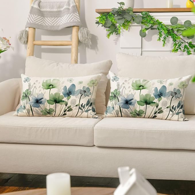 AVOIN colorlife Chinoiserie Poppy Flowers Pillow Covers 12x20 Inch Set of 2 | Blue Sage Green Seasonal Leaves Cushion Case Decoration for Sofa Couch
