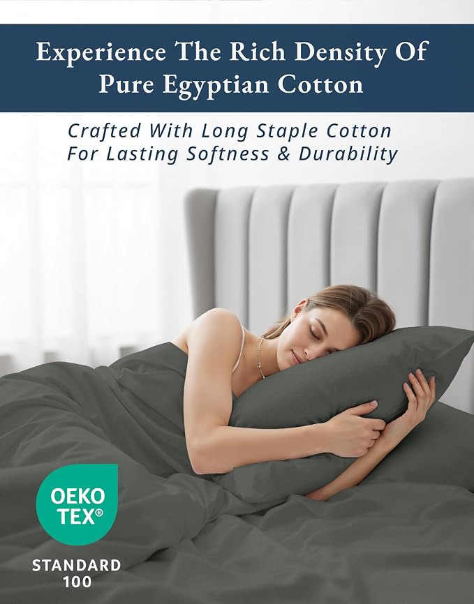 LANE LINEN Rest Sheets Cooling Set King Egyptian Cotton Sateen - Dark Grey | 100% Cotton King Size Sheets - 4-Piece Set, For Guests And Everyday Use, For A Silky Hotel-Style Bed, Luxe Sheen