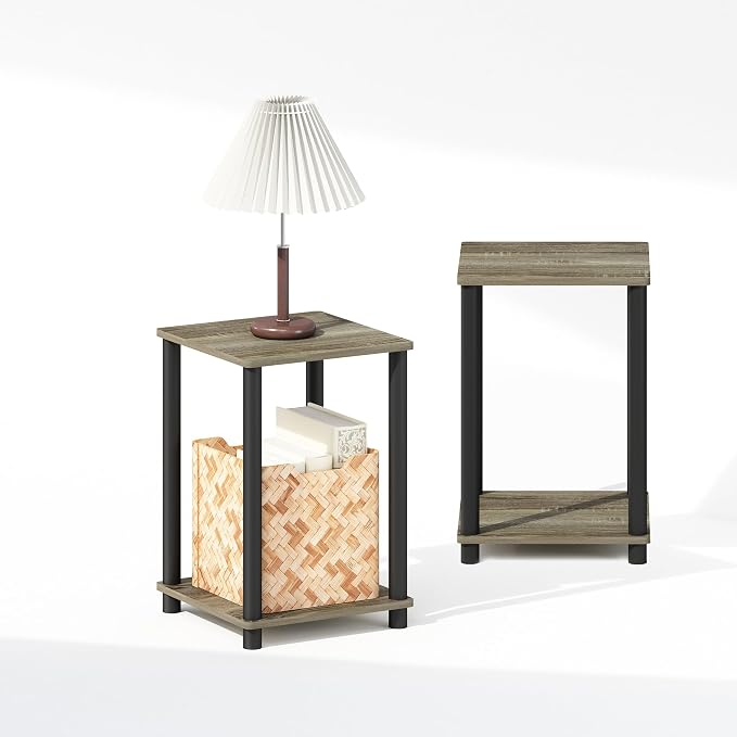 Furinno Turn-N-Tube Night Stand Set of 2, 2-Tier Nightstand, French Oak | Stackable, Open Shelf, Toolless Bedside Table, Side Table, End Table for Living Room, Bedroom