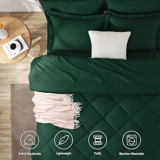 California King Comforter Set Emerald Green - 7 Pieces Bed in a Bag | OEKO-TEX Certified, All Season, 240GSM Down-Alternative Comforter, Sheets, Pillowcases & Shams, 14" Deep Pocket, Easy Care