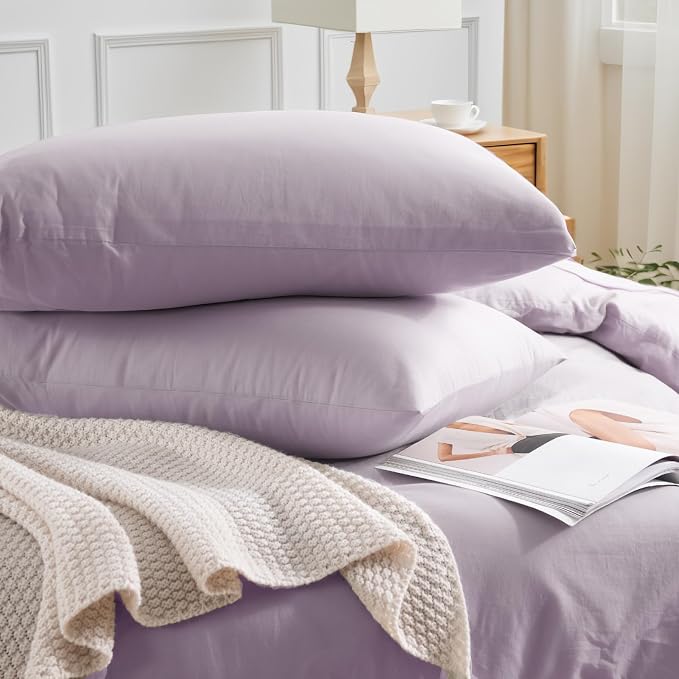 NEXHOME PRO Duvet Cover Set 100% Washed Cotton Oversized Queen 98"x98", Organic Natural Linen Look Textured 3 Pieces Bedding Set Lavender Lilac with Zipper Closure, Breathable, Soft (No Comforter)