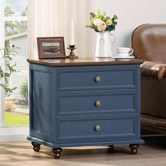 Joaxswe 24" Wide Farmhouse Night Stand,Large End Table with 3 Drawers & Metal Handle,Navy Blue Dresser for Bedroom, Wood Bed Side Table Chest of Drawers, Nightstand Cabinet for Living Room,Closet