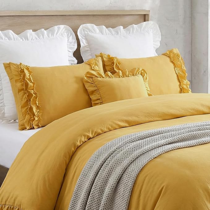 Bedorm Ginger Yellow Bedding Set King Ruffle Duvet Cover Super Soft Cozy Washed Microfiber Bedding Shabby Chic Coquette Decor Farmhouse Boho Duvet Cover Set