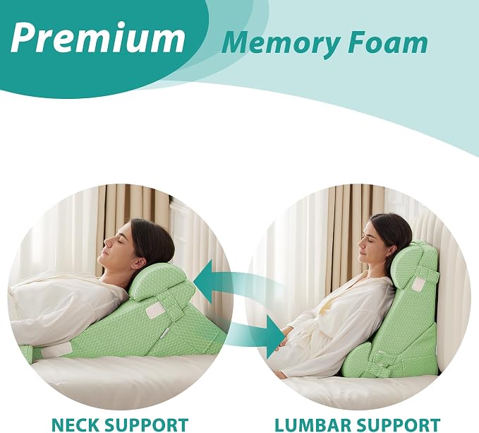 Adjustable 4pcs Bed Wedge Pillow Set, Memory Foam Wedges Pillow Post Surgery for Back, Neck, Leg Pain Relief, Pillows Wedge for Sleeping, Sitting up in Bed, Acid Reflux and GERD, Green