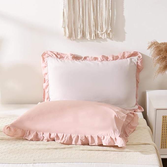 Merryword Pink Pillow Shams Beige and Pink Reversible Queen Pillowcases Cute Pillow Cover Set of 2 Soft Shabby Chic Ruffled Pillowcases 2 Pack (Queen (20''x30''), Beige Pink)