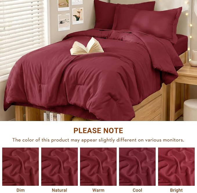 5 Pieces Twin XL Comforter Set, Soft Bed in a Bag Twin XL Size, All Season Bedding Set with Comforter, Flat Sheet, Fitted Sheet, Pillowcases & Shams, Burgundy Red