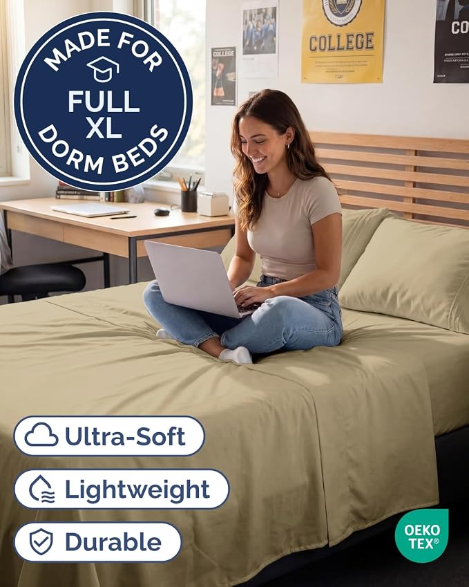 Full XL Sheets - 4 Piece Full XL Sheet Set - Breathable & Cooling - Beige | Hotel Luxury Bedding for Women & Men with Deep Pockets, Ultra-Soft, Comfy, Easy-Fit, Wrinkle Free & Fade Resistant, Oeko-Tex