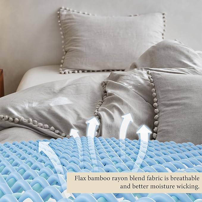 Simple&Opulence French Linen Blended Duvet Cover King, Flax Viscose Derived from Bamboo Bedding Set with Pom Pom Trim Soft Cooling for Hot Sleepers, 1 Boho Comforter Cover and 2 Pillow Shams, Linen