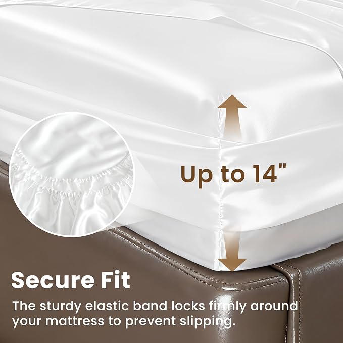 Love's cabin Full Size Satin Sheet Sets - 4 Piece White Silky Satin Sheet Set Full with Deep Pocket, Luxury Silk Feel Satin Bed Sheets Full Bedding Set (1 Flat Sheet,1 Fitted Sheet,2 Pillow Cases)