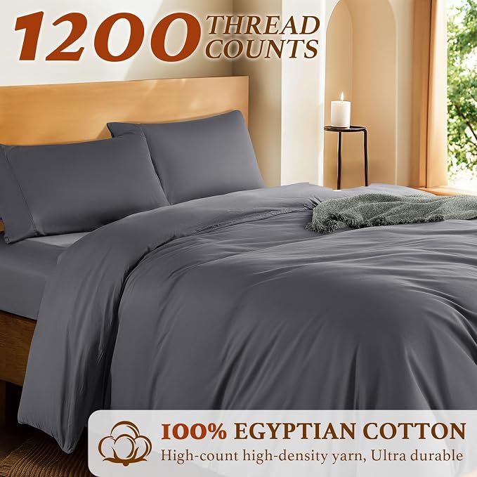DEITAS 100% Cotton King Duvet Covers 3 Piece,1200 Thread Count，Dark Grey | Luxury Egyptian Cotton Comforter Cover With Zipper Closure, Ultra Cooling Breathable, Hotel Bedding Duvet Covers