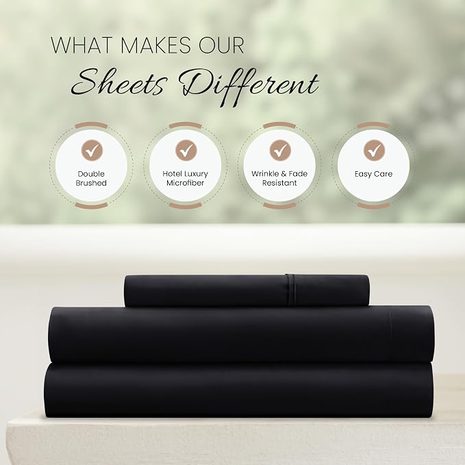 Linen Market Brushed Microfiber Twin Sheet Set 3 Piece – Oeko-TEX Certified Ultra Soft & Wrinkle-Free - 16" Deep Pocket Sheets - Easy Care Twin Size - Black