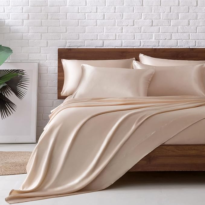MR&HM Satin Bed Sheets, Full Size Sheets Set, 6 Pcs Silky Bedding Set with 15 Inches Deep Pocket for Mattress (Full, Champagne) | Similar to Silk, 6-Piece Silky Soft Bed Sheet Set, Gentle on Skin and Hair, 15" Deep Pocket, Cooling & Breathable