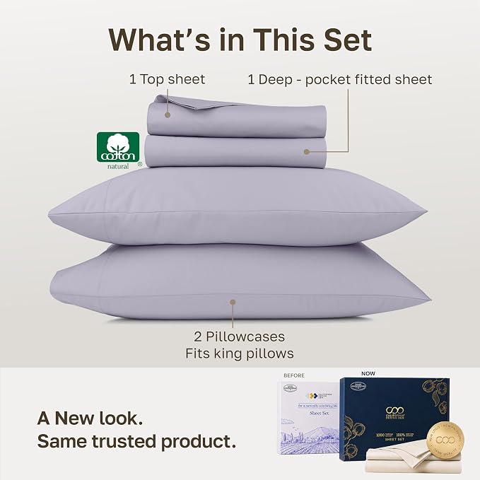 California Design Den 1000 Thread Count Deep Pocket King Sheet Set, 4 Pcs | Backed by Good Housekeeping Seal - 100% Cotton Sateen - Soft, Thick & Heavy, 16" Deep Pocket, Durable - Lavender Grey