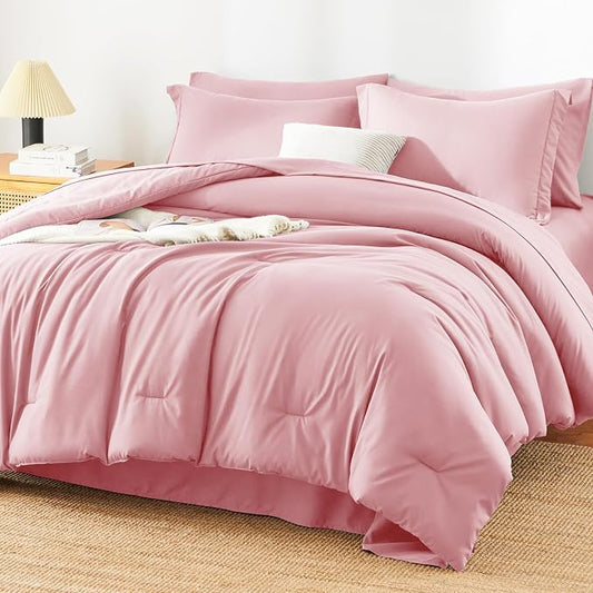 HIMEET Full Comforter Set, 7-Piece Point-Quilted Bed in a Bag, Pink | OEKO-TEX Certified, Lightweight 240 GSM Comforter, Flat Sheet, 14-Inch Deep-Pocket Fitted Sheet, Pillowcases & Shams
