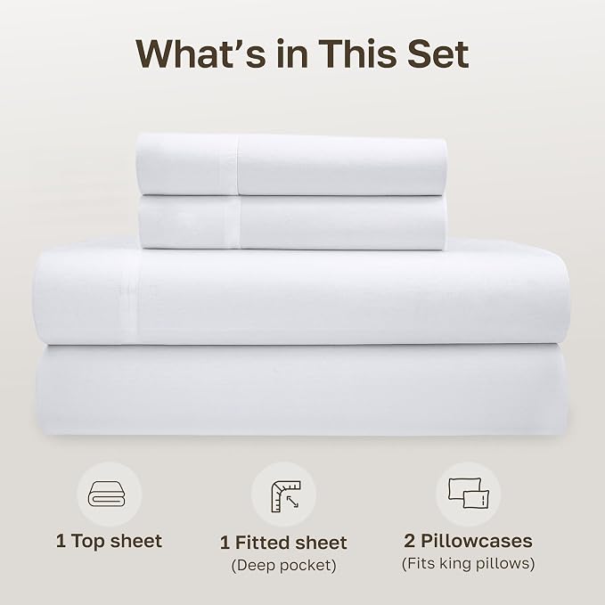 California Design Den 100% Organic Cotton King Size Sheets Set, White | GOTS Certified, Lightweight Crisp & Airy Percale For Hot Sleepers, 15" Deep Pocket, All-around Elastic, Easy Care