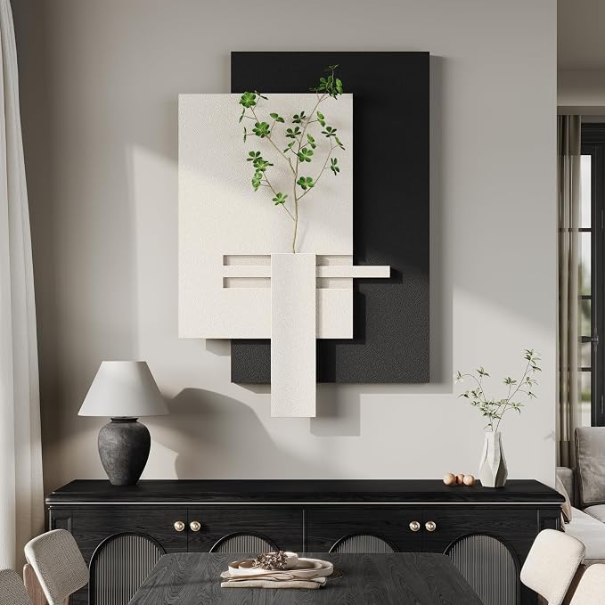 3D Black and White Abstract Wall Art, Modern Minimalist Artwork for Walls | Sandstone Textured Pictures, Layered Panle Design, Faux Plant, Decor for Living Room Bedroom Dining Room Office