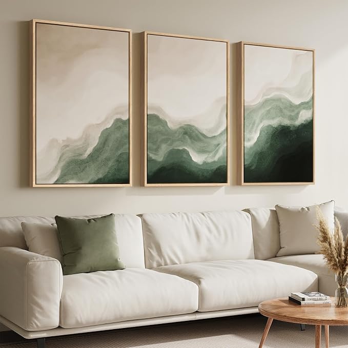 Large Framed Green and Beige Abstract Wall Art, 3 Piece Set, Each 20x30 In | Modern neutral picture, Canvas prints, Minimalist painting, Artwork for walls, Wall decor for living room dining room bedroom