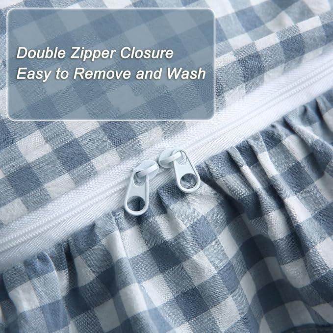 Silnuo Light Blue/White Gingham Plaid Ruffle Duvet Cover Set Twin Size | 100% Washed Cotton 3 Pcs Vintage Checkered Chic Farmhouse Bedding Set Comforter Cover Set(Twin,Light Blue/White)