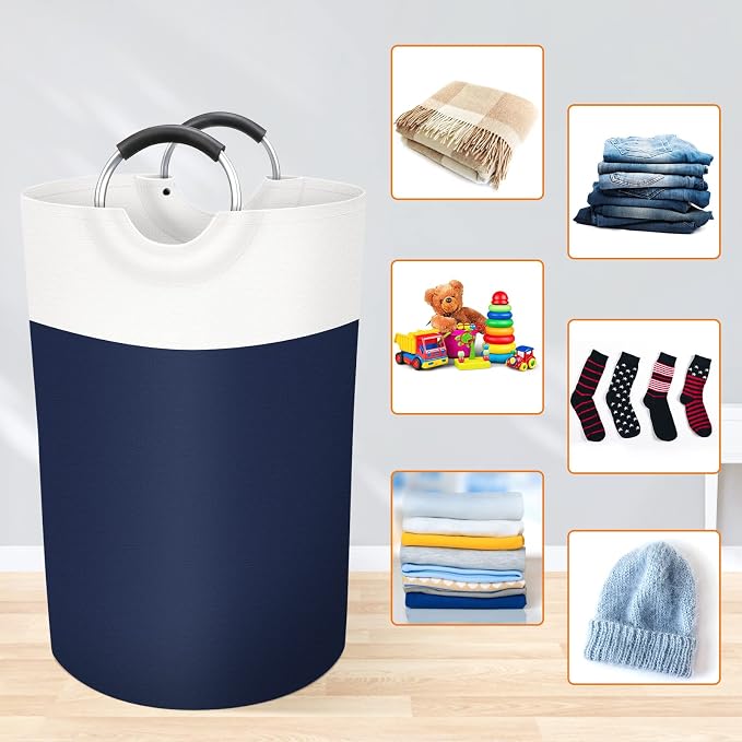 BlissTotes 75L Laundry Basket, Freestanding Collapsible Hamper, Blue | Collapsible Dirty Clothes Hamper, Foldable Laundry Bag for Dorm, Waterproof Fabric, Padded Aluminum Handles