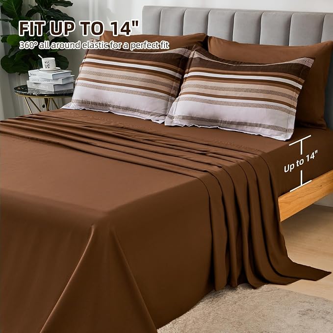 Dobuyly Fall Brown Comforter Queen Size 7 Pieces, Boho Striped Bed in a Bag Set, Soft Microfiber Bedding Set with Comforter, Sheets, Pillowcases & Shams