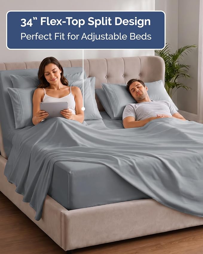 Extra Deep Flex Top Split Head King Sheet Set - 6 Piece Breathable and Cooling Sheets - Hotel Luxury Bedding for Women, Men, Kids & Teens - Easy Secure Fit - Extra Deep Pockets - Steel Blue