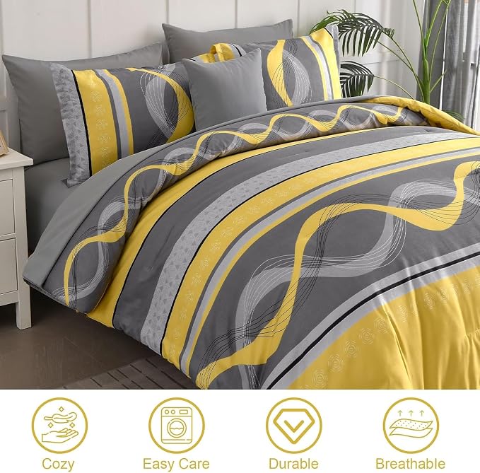 Anibedding Yellow Comforter Set Full Size,8 Pieces Bed in a Bag Patchwork Striped Bedding Sets,Boho Soft Microfiber Bedding Set for All Season(78"×90")