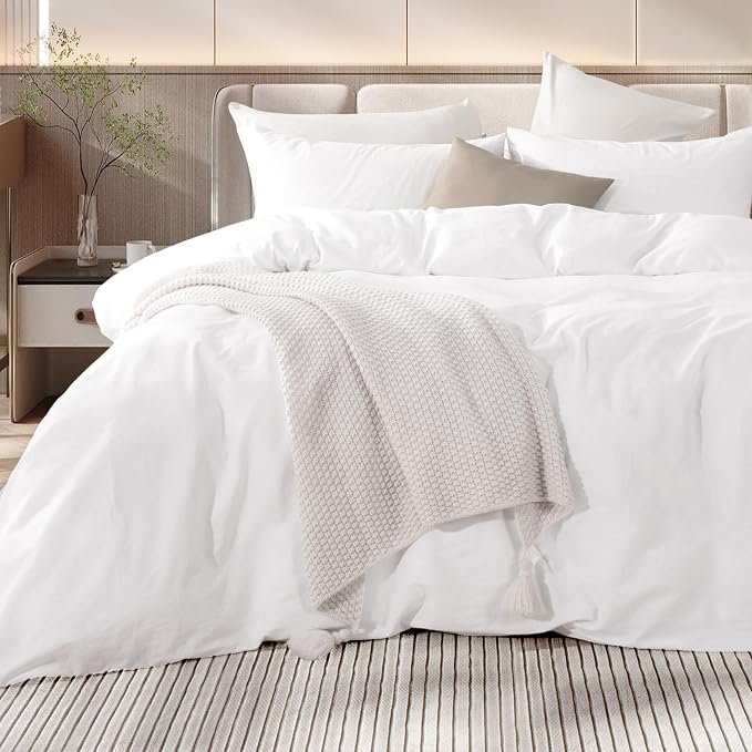 NEXHOME PRO Cotton Duvet Cover Queen Size White, Organic Natural Linen Feel 100% Washed Cotton 3 Pieces Bedding Set with Zipper Closure & Corner Ties, Breathable(No Comforter)