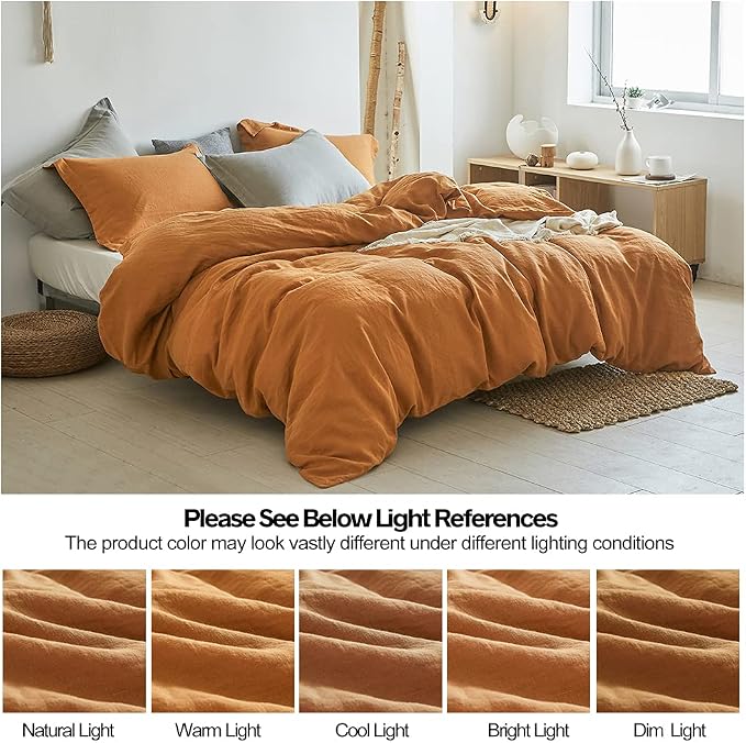 Simple&Opulence 100% Linen Duvet Cover Set 3pcs Basic Style Natural French Washed Flax Solid Color Soft Breathable Farmhouse Bedding with Button Closure - Rust, Queen